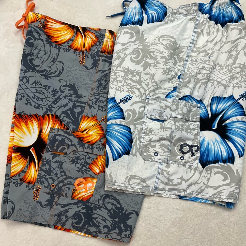 OP - 2 Pair Set XL Hawaiian Tropical Floral Print Cargo 9” Inseam Board Shorts
